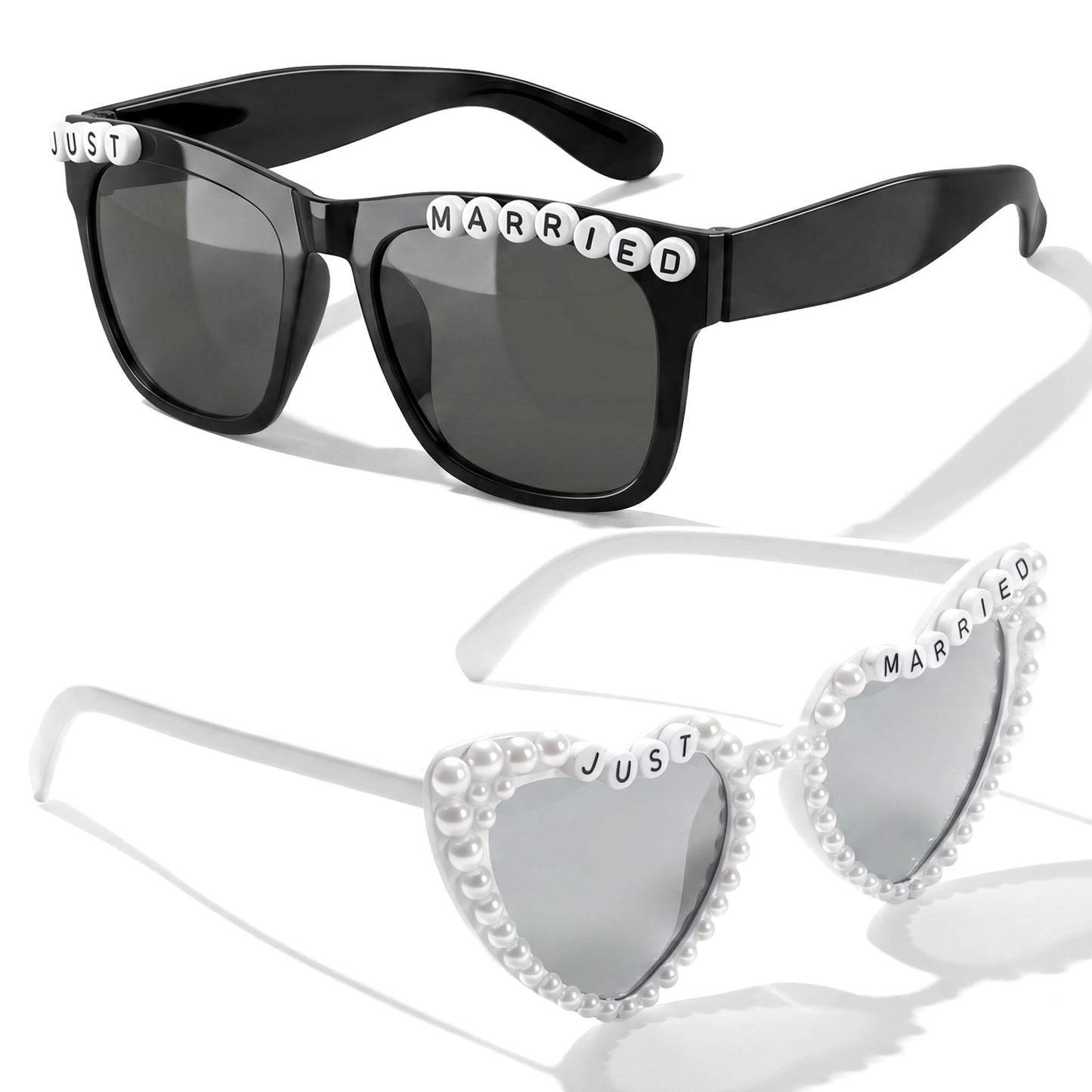 Ajcotahm 2 Pcs Bride and Groom Sunglasses, Just Married Sunglasses for Wedding Bachelorette Party Decorations Honeymoon Accessories (White and Black)