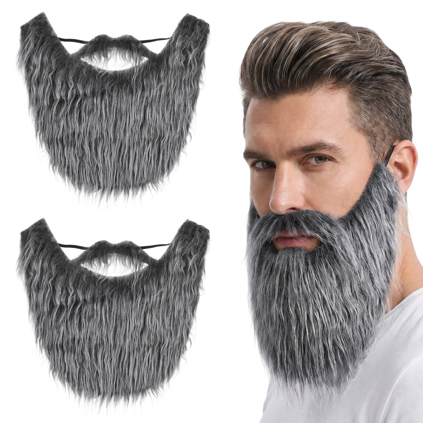 Gray Fake Beard, 2Pcs Men's Fake Mustache with Elastic Band, False Beard Novelty Facial Costume Beards, Facial Hair False Moustache Costume for Men Women Male Makeup Cosplay Funny Party Favor