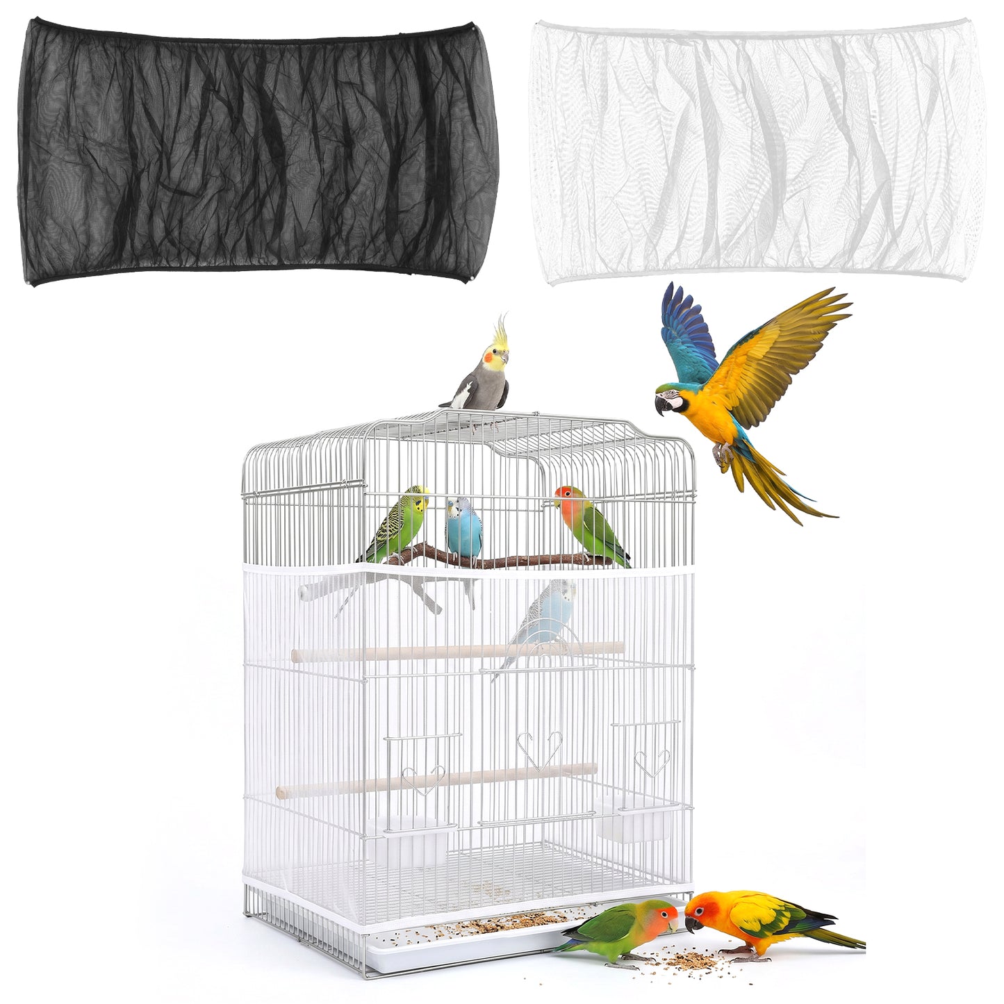 Dplolng 2 Pcs Bird Cage Seed Catcher,Adjustable Elastic Bird Cage Skirt Breathable Nylon Mesh Seed Catcher for Birds Cages Budgie Parrot Parakeet Enclosures(Black,White)