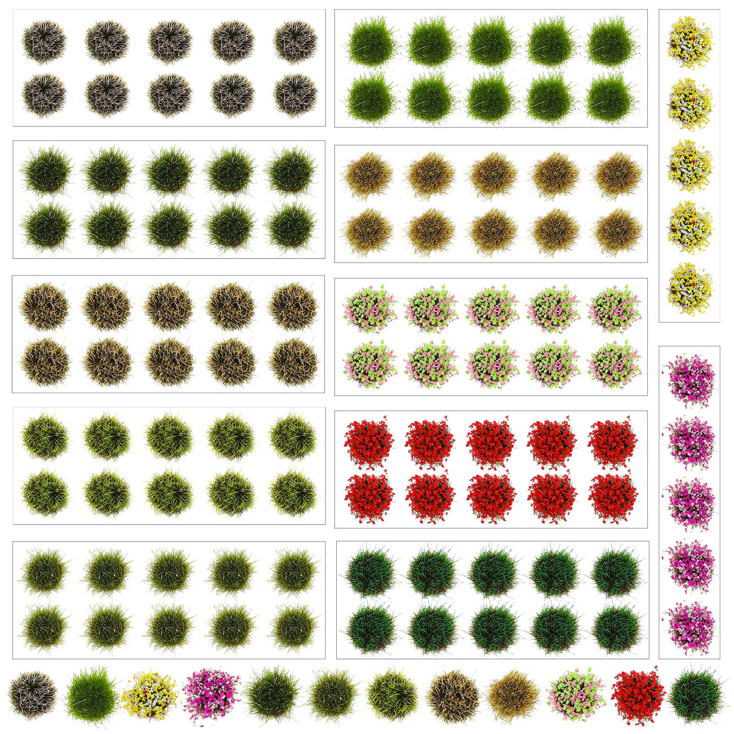 Quilax 140Pcs Static Grass Tufts, DIY Miniature Flower Cluster Self Adhesive Vegetation for Model Train Railway Scenery Sand Table Diorama Bases