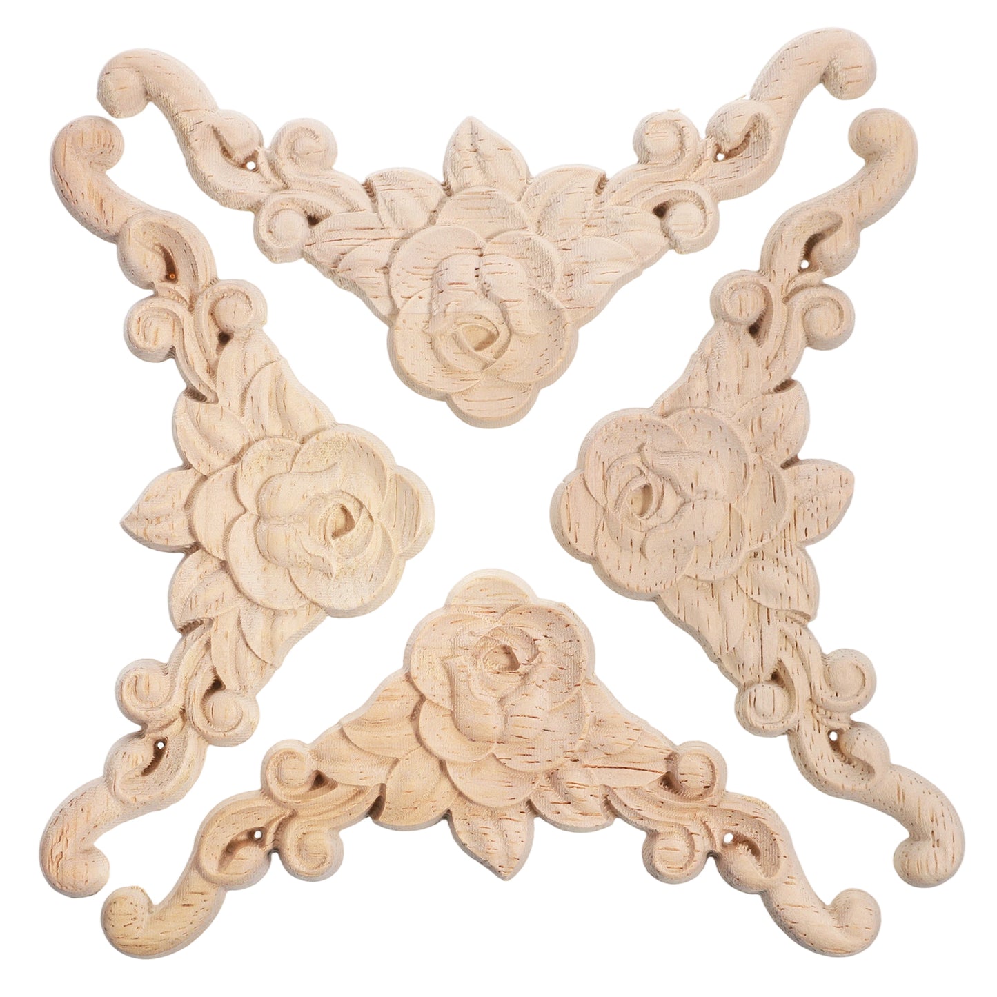 Grevosea 4Pcs Wood Appliques for Furniture, 8x8cm Decorative Wood Trim Molding Unpainted Wooden Appliques Embellishments Door Bed Cabinet Wardrobe Furniture Corner Decoration