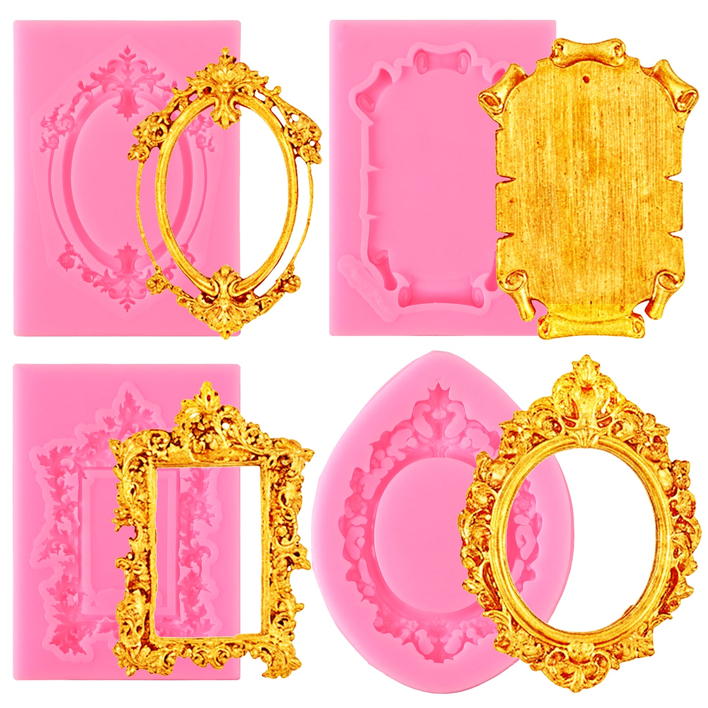 4PCS Frame Fondant Silicone Molds, Baroque Vintage Frame Fondant Molds for Chocolate Candy Polymer Clay Cupcake Topper Air Dry Clay Crafts