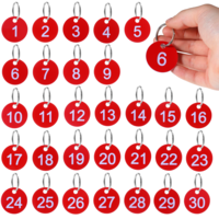 1-30 Number Tags, Red Diameter 1.37in/ 3.5cm Numbered Key Tags with Metal Rings Reusable Round Plastic Number Tag for Home Office Garage Dormitory Keys House Lockers