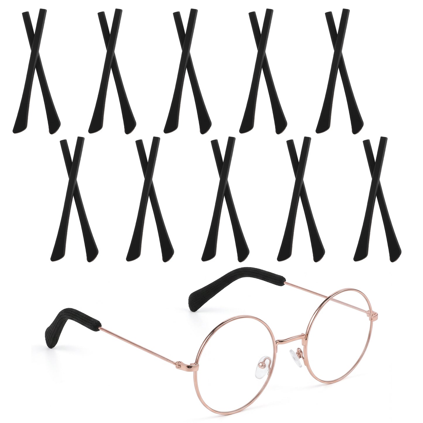 10 Pairs Eyeglass End Tips, Glasses Temple End Tips Anti-Slip Eyeglass Replacement Temples Soft Silicone Ear Sock Pieces for Glasses Eyeglasses Arm Covers for Flat Thin Metal Eyeglasses Legs (Black)