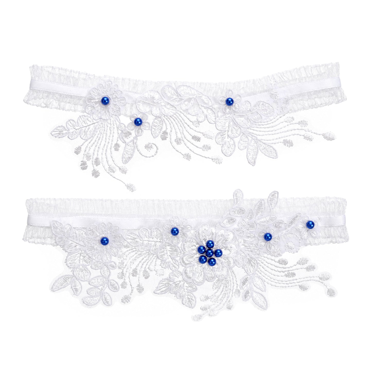 2 Pcs Garters for Bride, White Wedding Lace Garter with Blue Beads Stretchy Soft Thigh Garter Belt for Bride Wedding Engagement Anniversary Prom Party