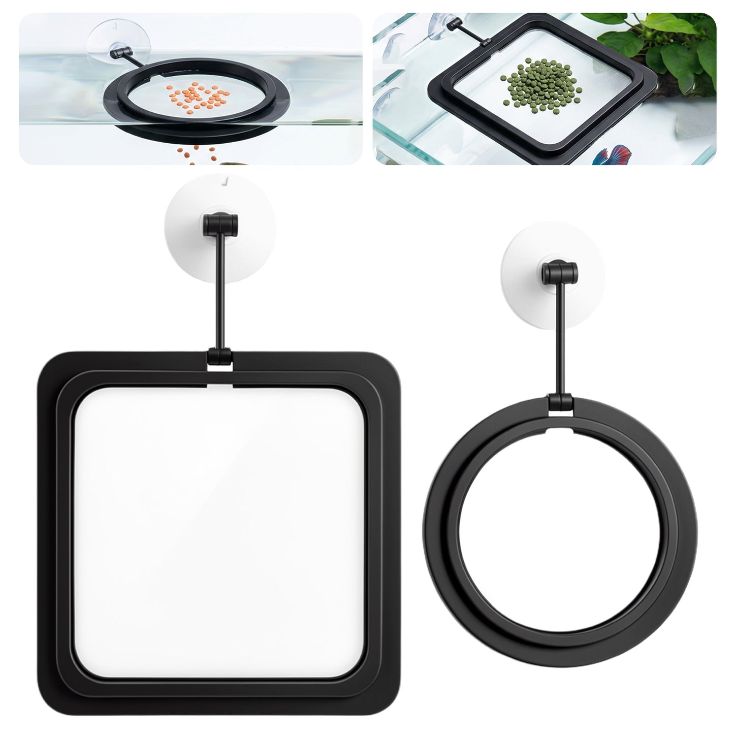 2PCS Fish Feeding Ring, Square and Round Aquarium Feeding Ring with Suction Cup for Betta Goldfish Guppy Turtle, Floating Fishes Feeder Rings for Fish Tank (Black)