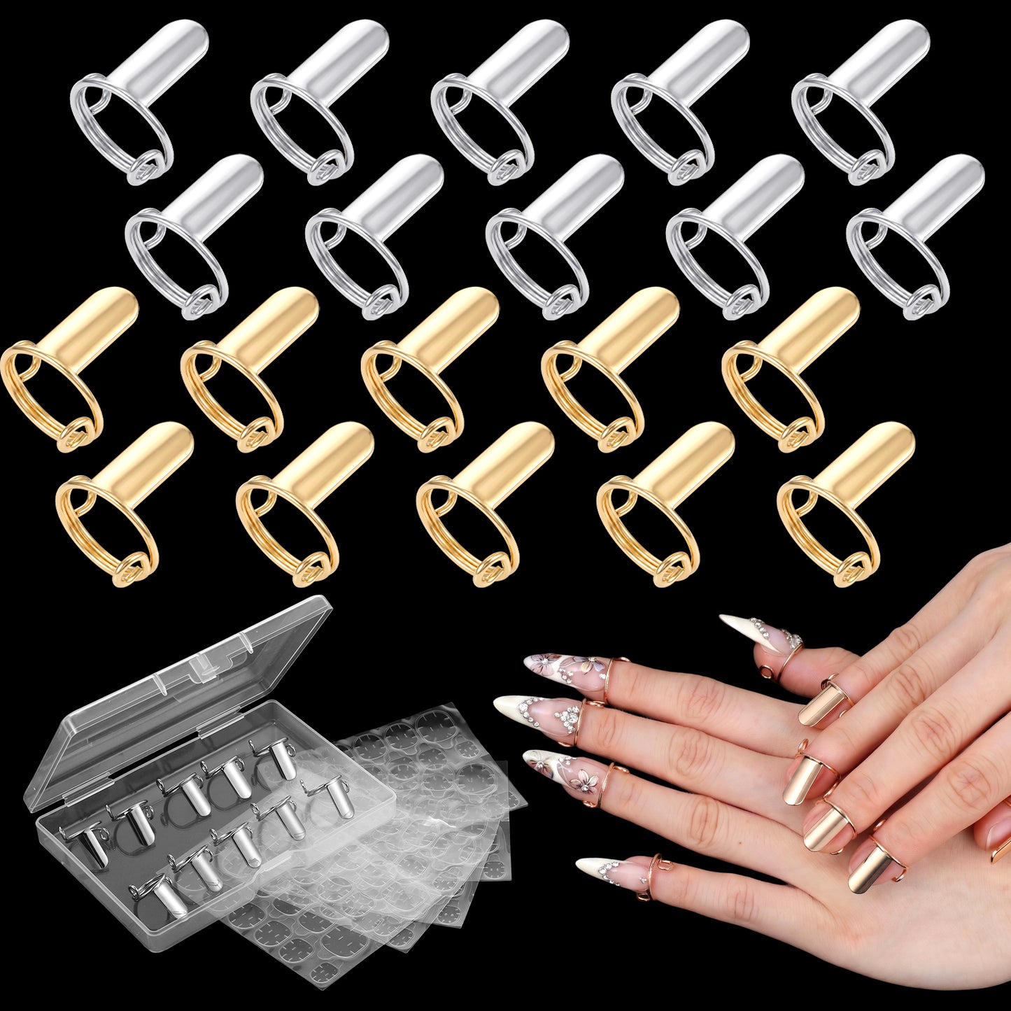 Grevosea 20Pcs Nail Rings for Women, Adjustable Nail Rings Set with 120PCS Adhesive Nail Tabs Detachable Reusable Fingernail Rings for Acrylic Nail Art Decoration Charms Accessories(Gold+Silver)