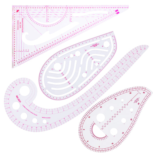 Aster 4 Styles Fashion Clear Metric Sewing Ruler Set, Plastic Sew French Curve Ruler, Beveled Transparent Ruler Multifunctional Scale Drawing Ruler for Designers, Pattern Maker, Sewing Templates