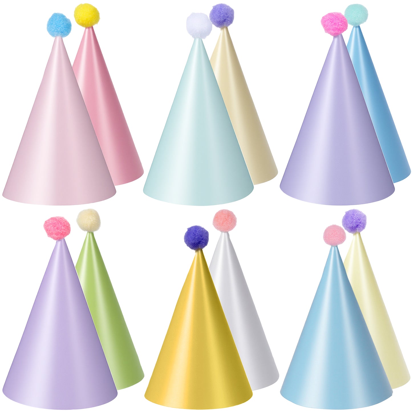 Aeaocvo 12 PCS Birthday Party Hats, Colorful Cone Hat, Pastel Hats with Pom Poms Paper Hat for Adults Kids(12 Colors)