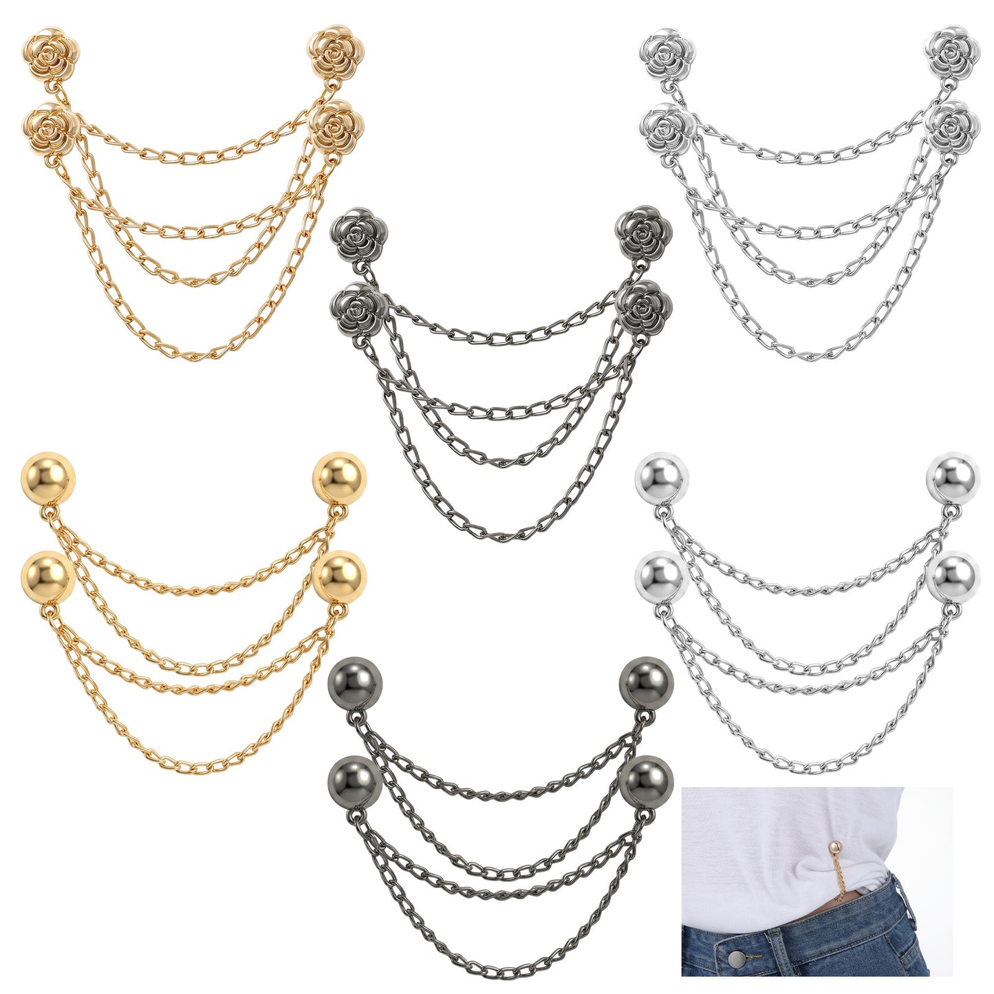 12 Pcs Magnetic Clothing Clips, Multi-Function Magnetic Shirt Clips With Chain For Women Clothes Sleeves Pants Hijabs Hats Scarfs, Gold Silver Black, Round Flower Shapes