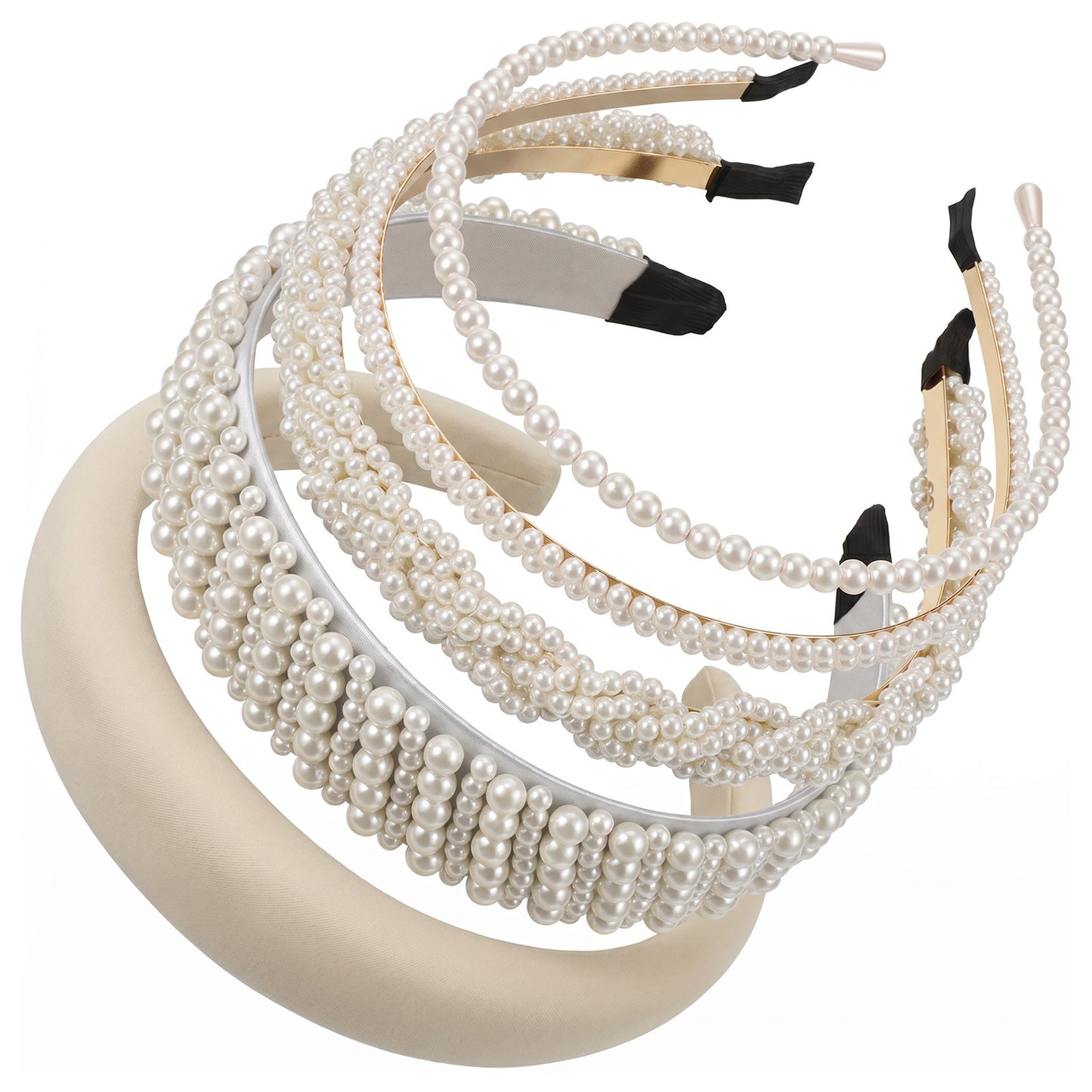 5 Pack Pearl Headbands for Women, White Bridal Headband Set, Elegant Pearl Padded Headbands, Non-Slip Fashion Hair Bands for Wedding, Bridal Shower, Daily Wear