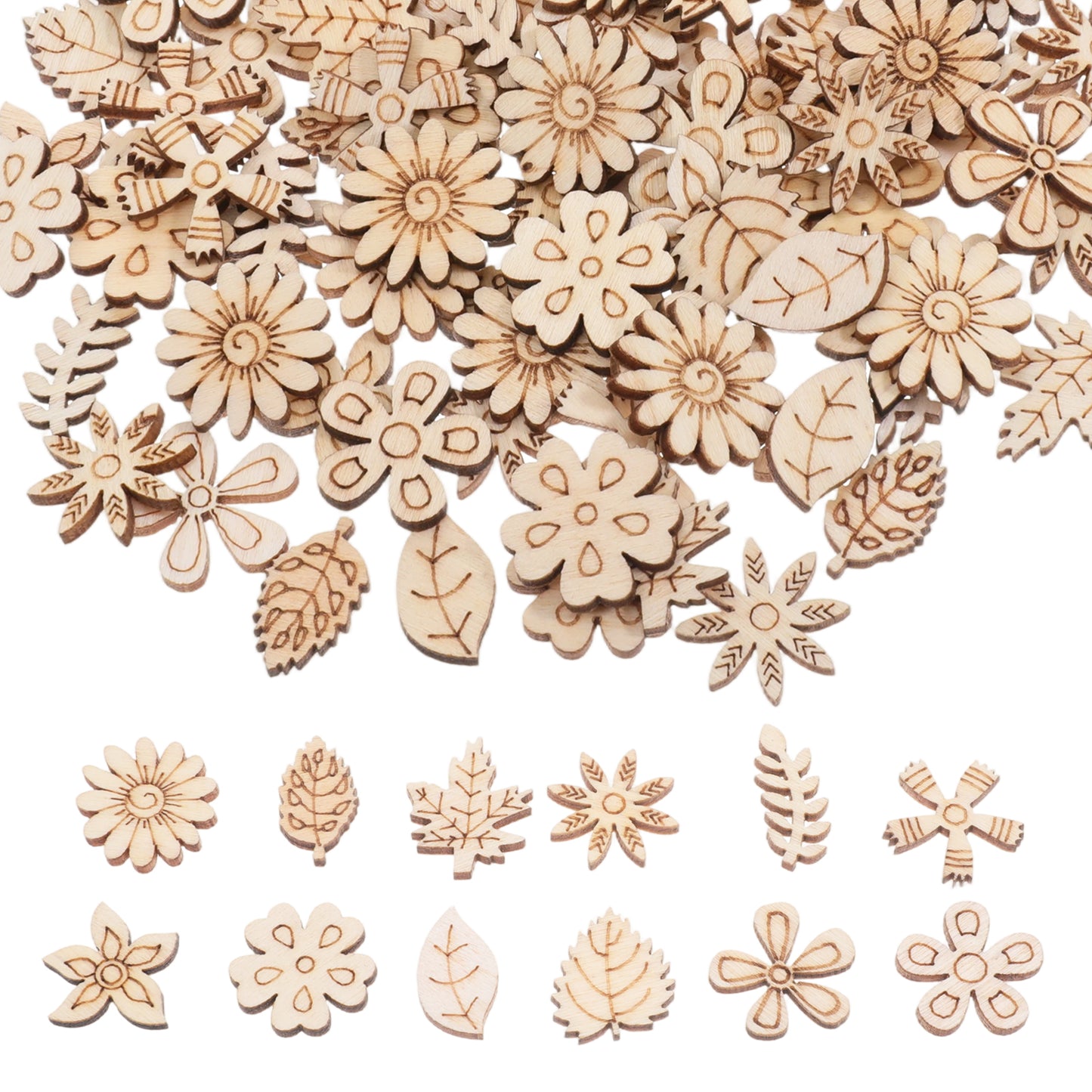 100 Pcs Unfinished Wooden Flowers, Blank Flower Leaf Pattern Wood Cutouts for DIY Crafts, Mini Handmade Wood Slices for Home Wedding Ornaments and Handmade Decorations